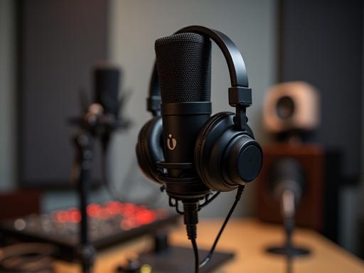 Professional podcast studio equipment setup.