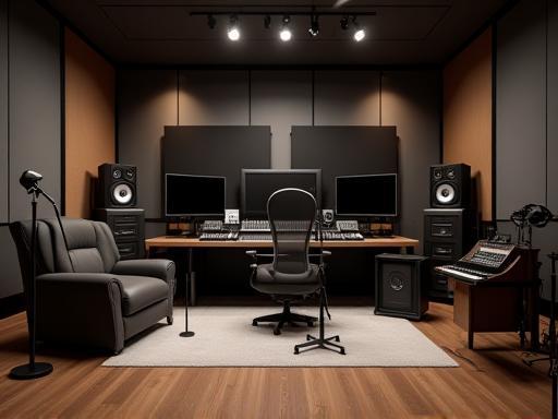 Interior view of Studio Som Livre Podcast recording studio.